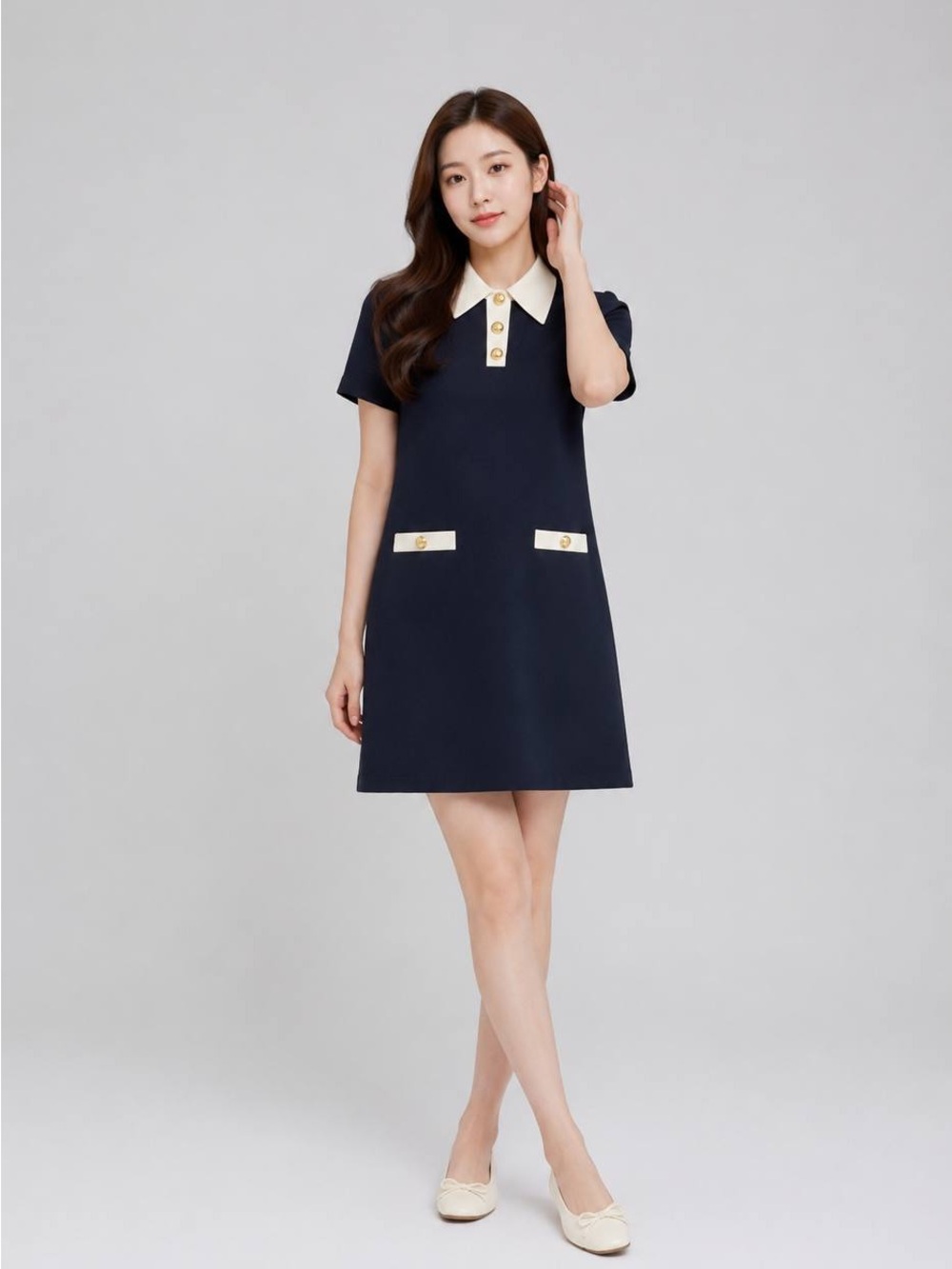 Karen Millen Navy Dress with White Collar and Gold Buttons